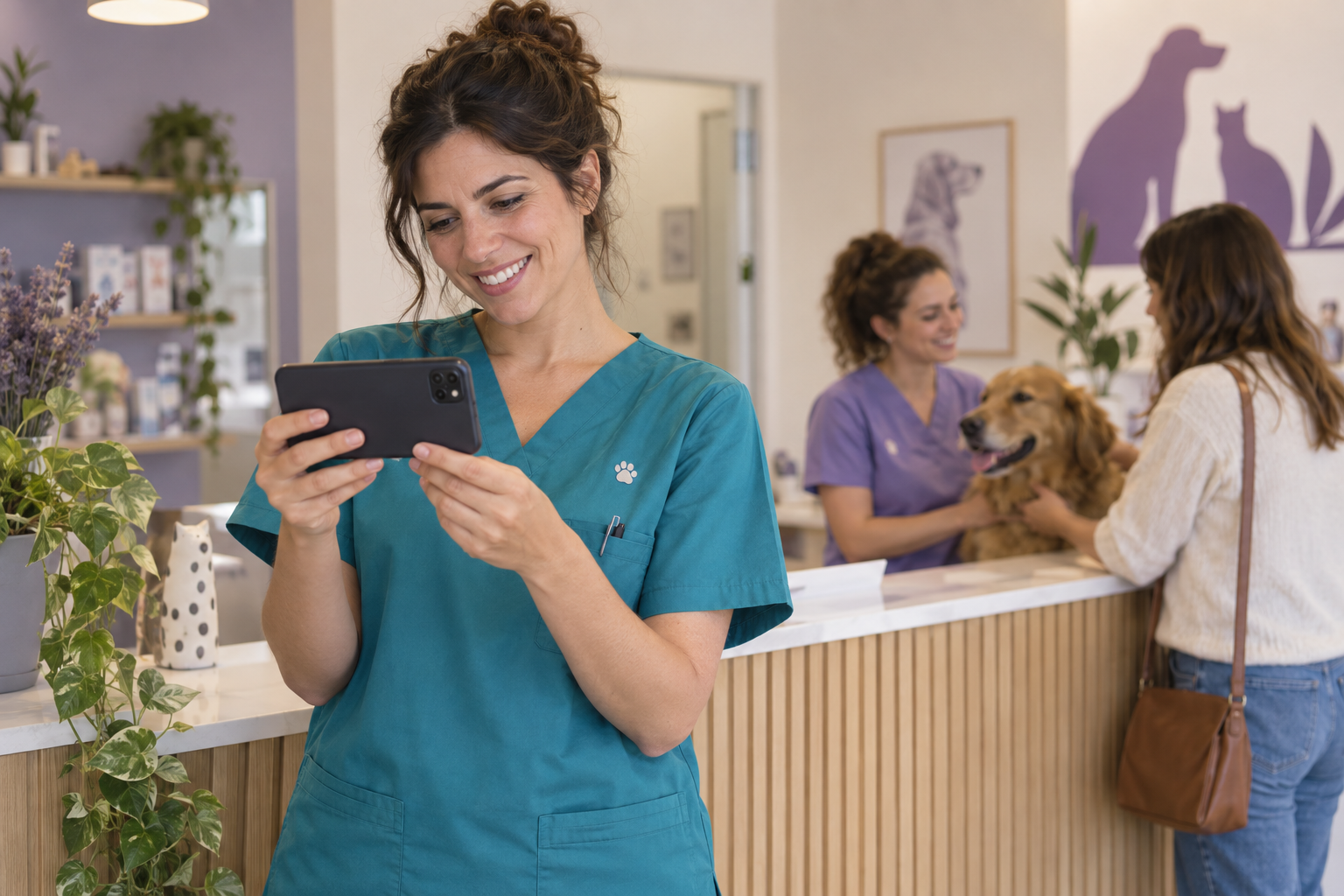 Escena ilustrativa de clínica veterinaria preparando contenidos para comunicar su trabajo
