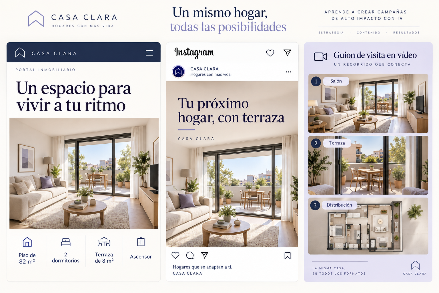 Ejemplo ficticio de un inmueble adaptado a ficha de portal, publicación de Instagram y guion de vídeo