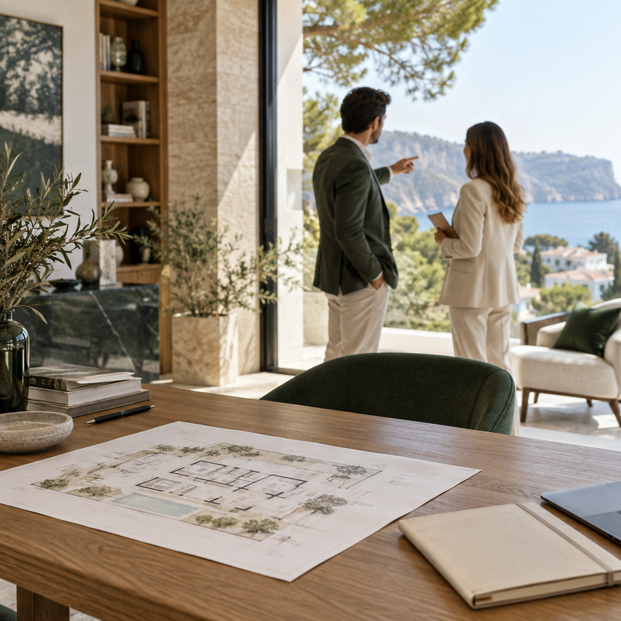 Escena ilustrativa de profesionales inmobiliarios revisando una propiedad, con planos sobre una mesa