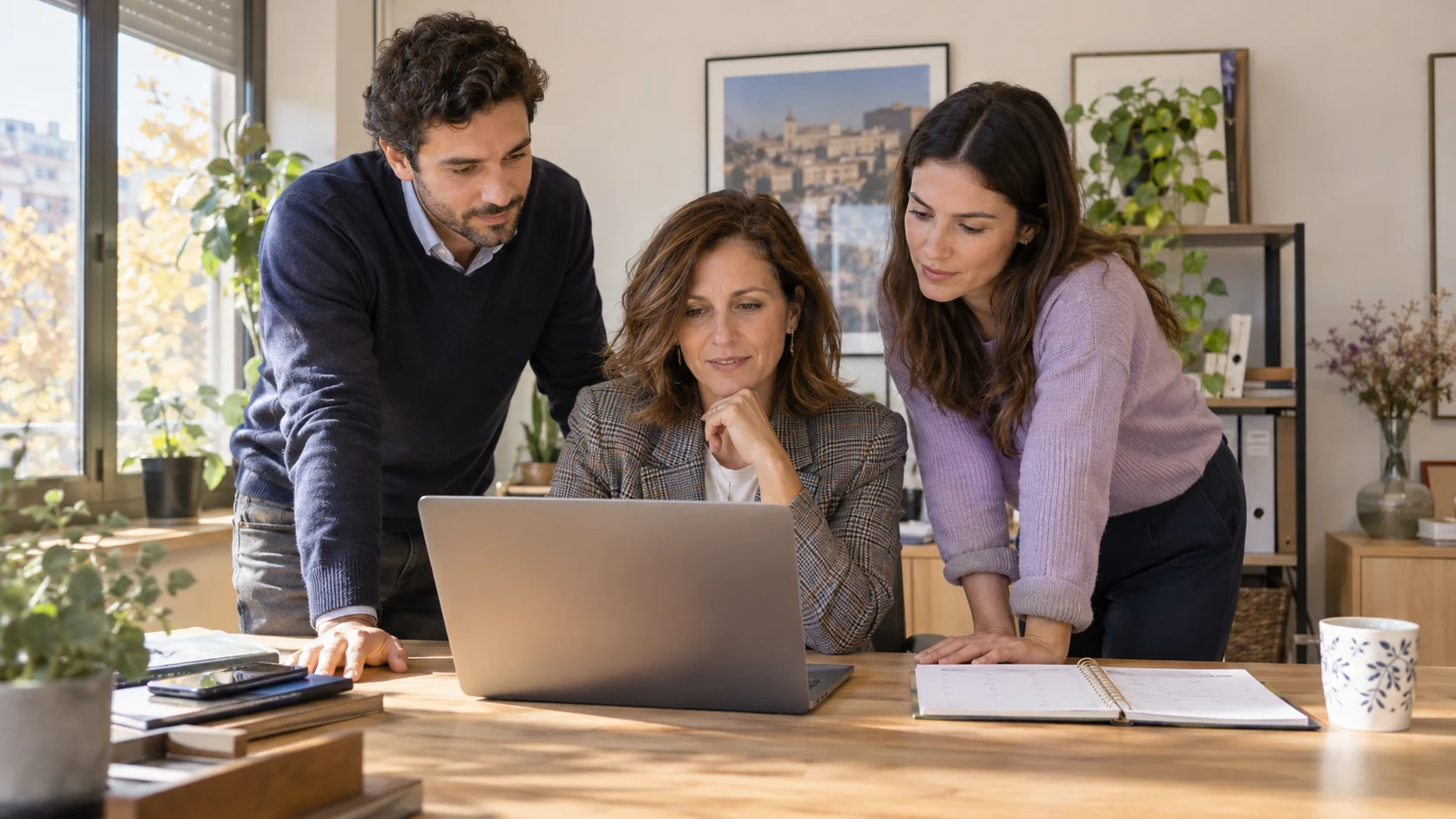 Tres profesionales planificando la formación del equipo en una oficina