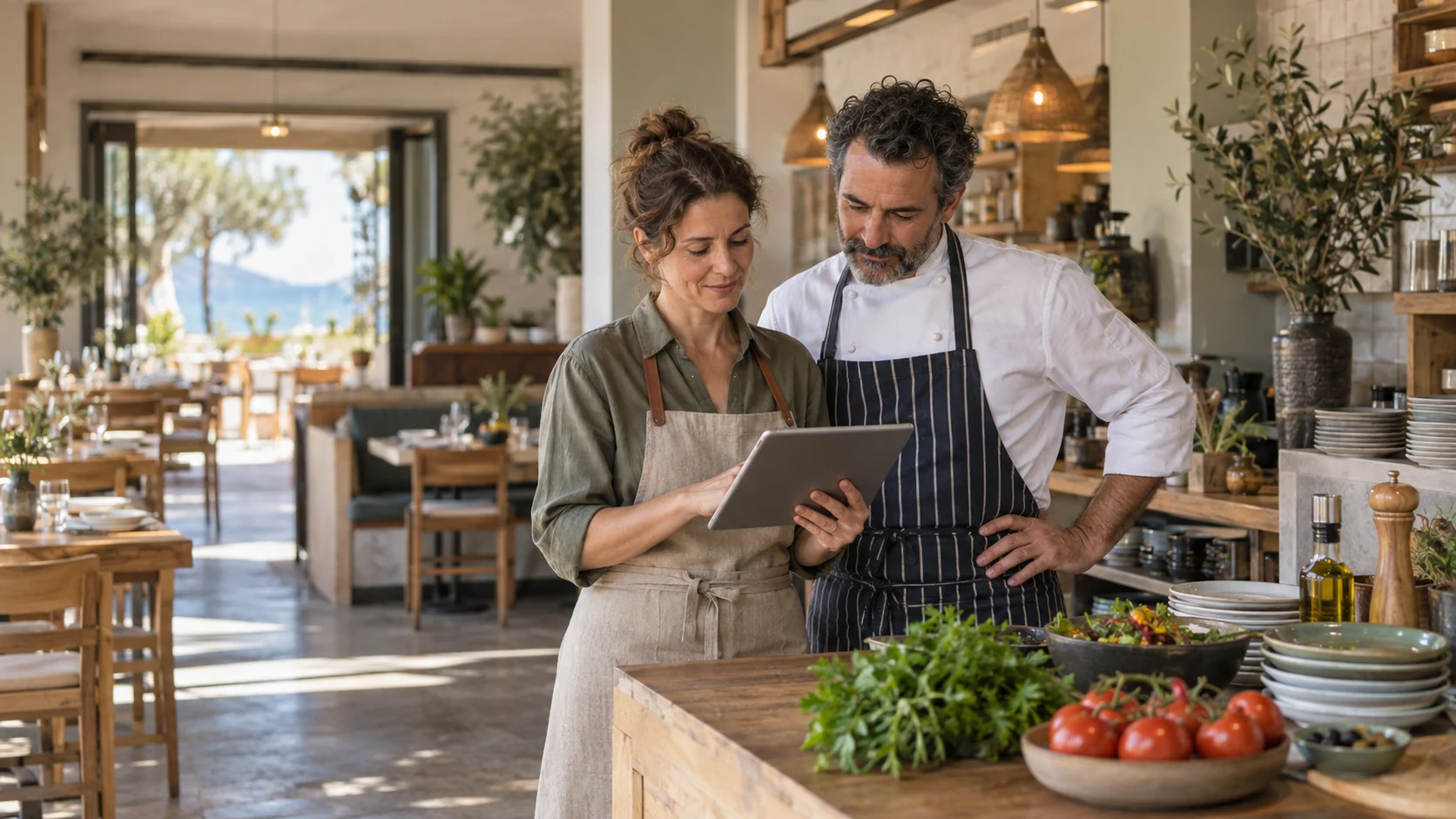 Responsable de restaurante y chef revisando una tableta antes del servicio