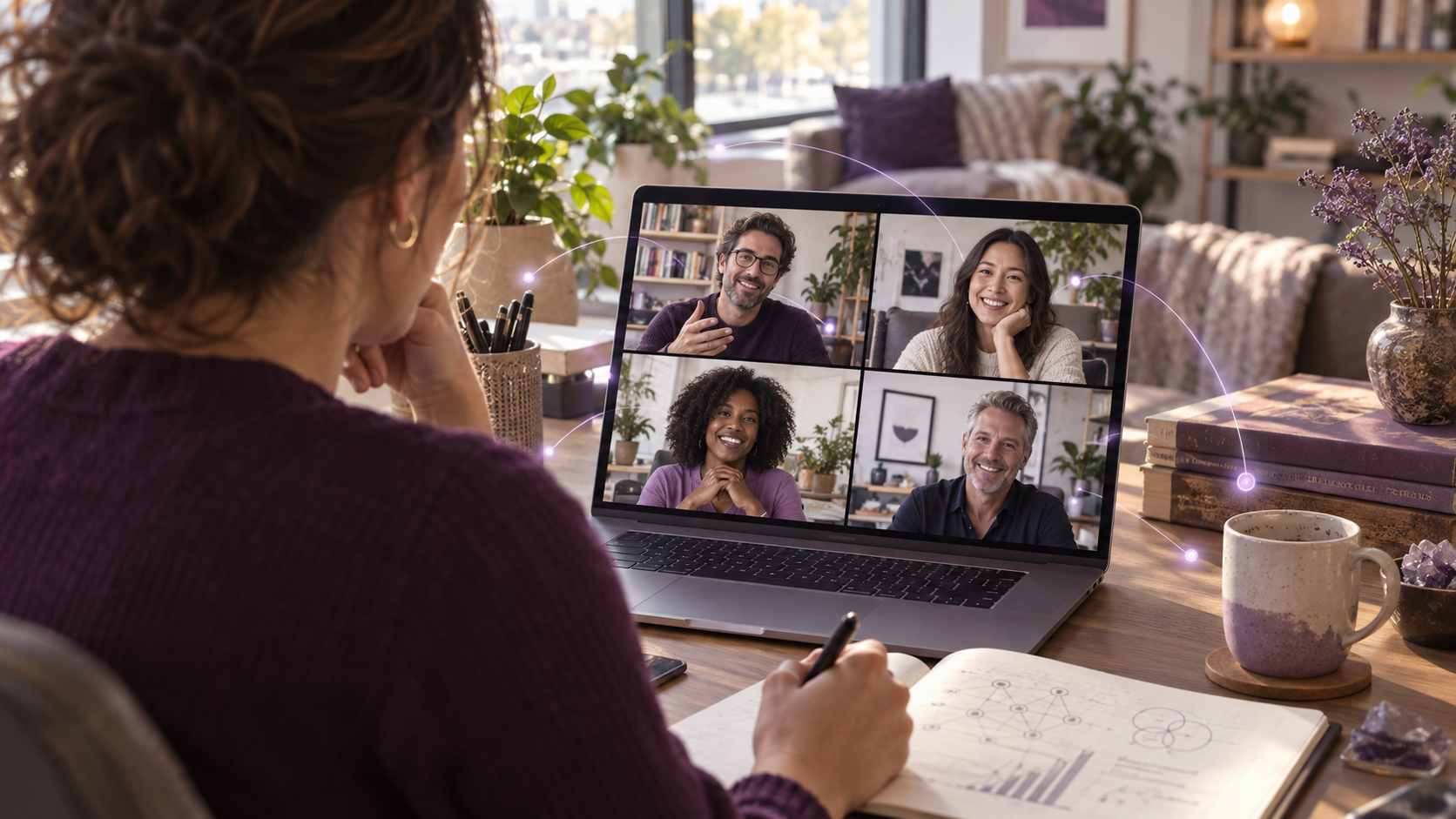 Profesionales colaborando en una videollamada; imagen generada con IA