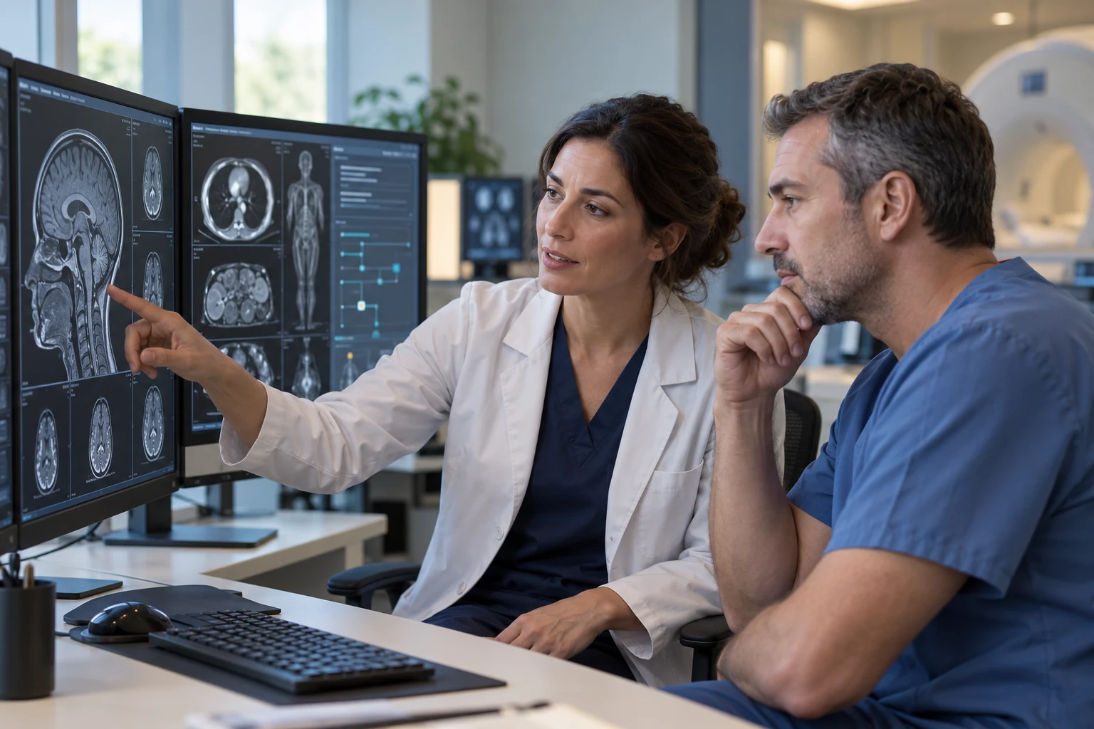 Dos profesionales conversan ante monitores en una sala de radiología