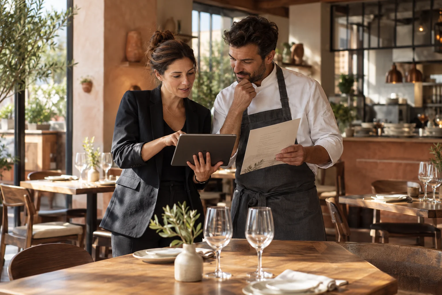 Responsable de restaurante y chef preparando el servicio con una tableta