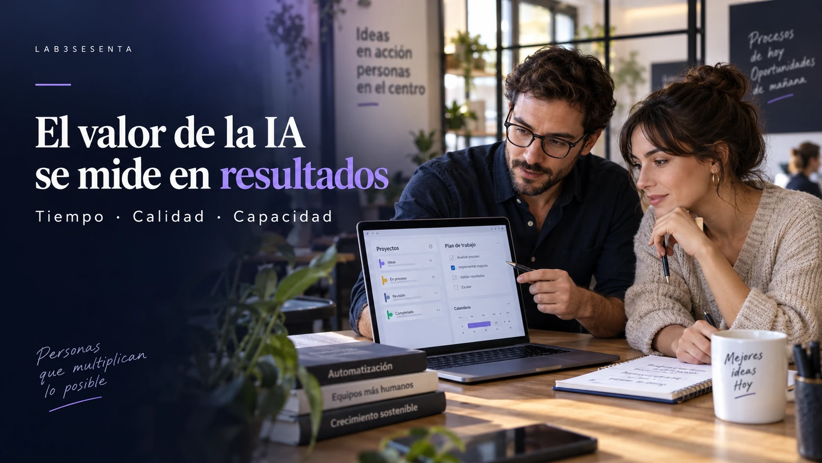 Dos profesionales revisando procesos y resultados; portada generada con IA